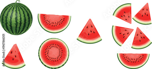 Watermelon slices and whole fruit vector set. Bright juicy red flesh with seeds and green rind in flat style. Ideal for summer food design and fresh healthy visuals.