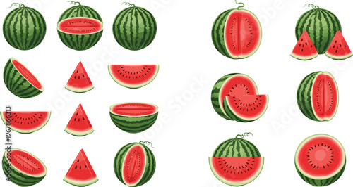 Watermelon vector collection with whole fruits and sliced pieces. Bright flat illustrations with juicy red pulp and green rind. Perfect for summer food design, packaging, and fresh visuals.