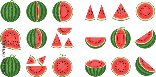 Watermelon fruit vector collection with slices and whole melons. Bright flat illustrations with juicy red pulp and green rind. Perfect for summer food design, packaging, and fresh visuals.
