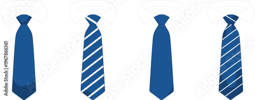 Blue necktie collection with white shirt collar, professional business formal wear icons set vector illustration