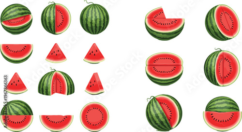 Watermelon slices and whole fruit vector set. Bright flat illustrations with juicy red flesh and green rind. Ideal for summer food design, menus, and fresh product visuals.