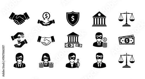 Black and white business finance icons set.