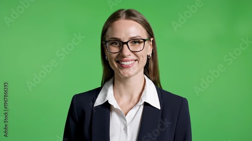 Smiling businesswoman in formal attire against vibrant green background