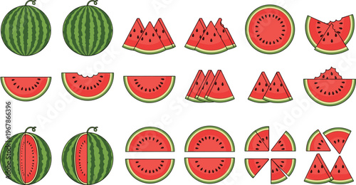 Watermelon vector set with slices and whole fruits arranged in rows. Bright flat illustrations with juicy red flesh and green rind. Ideal for summer food design, menus, and fresh visuals.