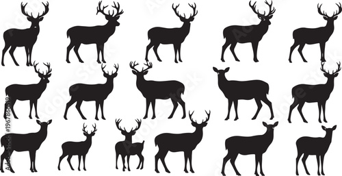 Collection of deer silhouettes in various poses and sizes