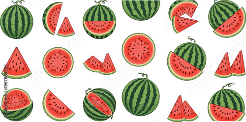 Watermelon fruit vector set with slices and whole melons. Bright juicy red flesh and green striped rind in flat style. Ideal for summer food design, packaging, and fresh visuals.
