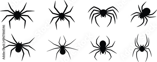 Spider silhouette collection, black arachnid icons set isolated on white background for Halloween decoration vector