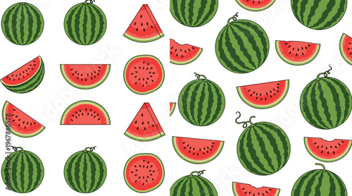 Watermelon pattern with whole fruits and slices vector set. Bright flat illustrations with juicy red flesh and green rind. Perfect for summer backgrounds, textiles, and food design.