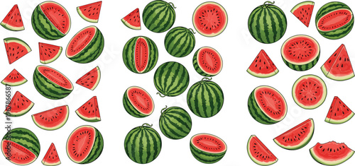 Watermelon vector collection with whole fruits and sliced pieces. Juicy red pulp and green striped rind in flat style. Perfect for summer patterns, food design, and fresh branding.