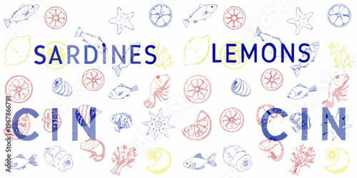 Colorful illustration featuring sardines lemons and various sea creatures