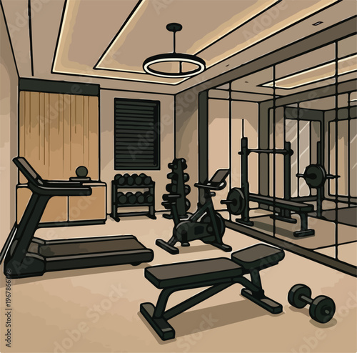 Professional indoor gym equipment arranged in a modern private home workout space with mirrors for training and healthy daily exercise
