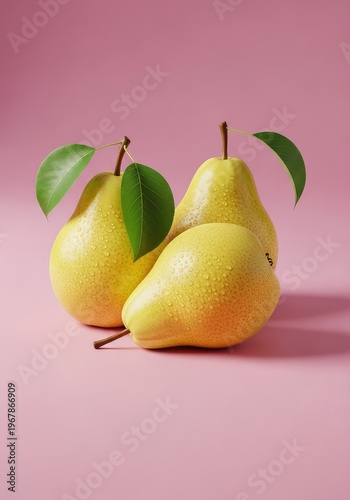 Fresh yellow pears with vibrant green leaves are elegantly arranged on a smooth, solid pink surface, creating a minimalist fruit composition, vibrant, organic, nature