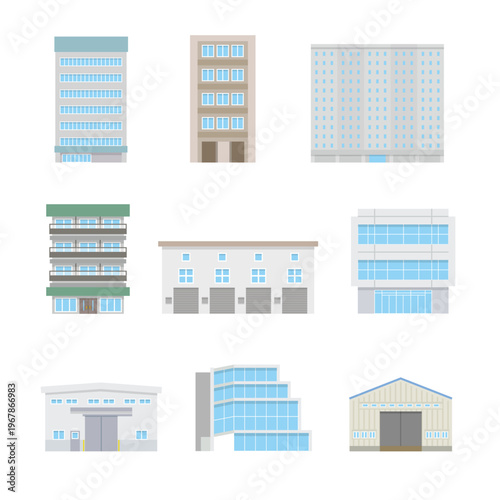 ビル・工場・ガレージイラストセット