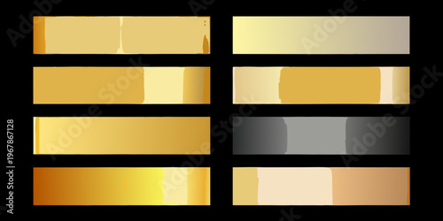 A collection of gradient and solid gold silver and metallic swatches