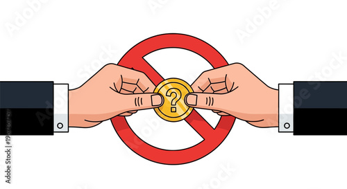 Businessman hands holding coin with question mark through prohibited sign.
