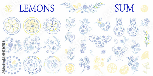 Watercolor lemons blue floral patterns and vintage tableware illustration