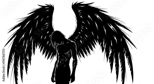 Dark Angel Silhouette with Black Wings Against White Background