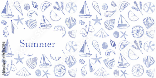 Watercolor illustration of sailboats seashells and starfish on white background