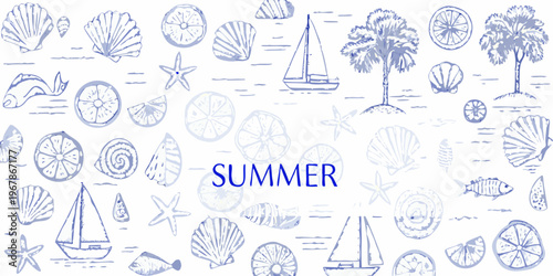 A summery sketch featuring seashells sailboats palm trees and citrus