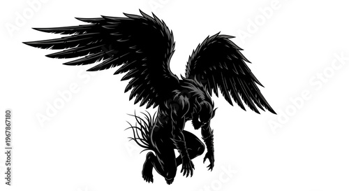 Dark Angel Silhouette with Spreading Wings on White Background