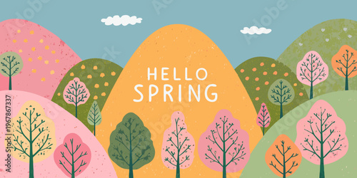 A colorful illustrated landscape welcomes the arrival of spring
