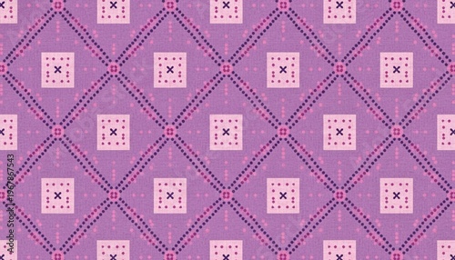 A vibrant purple patterned fabric with intricate pink and black designs