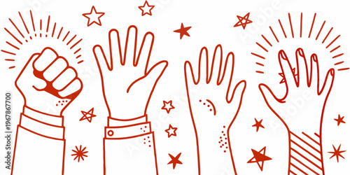 Red illustration of clapping hands and celebratory stars a cheerful scene