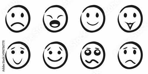Eight simple black and white face icons displaying various emotions