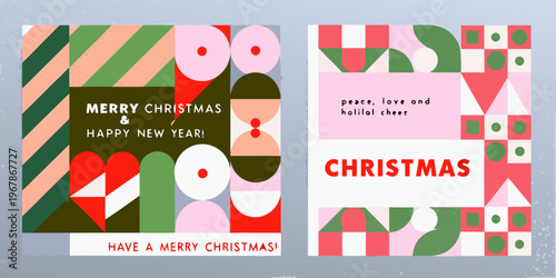 Abstract christmas cards featuring geometric shapes and festive greetings
