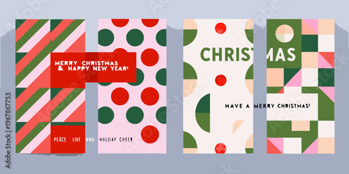 Festive christmas cards with geometric patterns and holiday greetings
