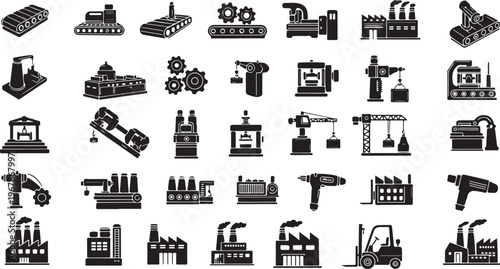 Industrial icons and symbols for manufacturing and production processes