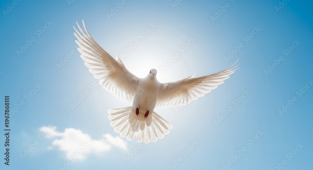 Fototapeta premium A majestic white dove soaring gracefully through a bright blue sky, symbolizing peace and freedom under the sun's radiant glow