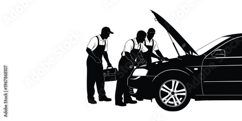 Dedicated team of professional mechanics meticulously inspecting a car engine during maintenance at an auto repair shop, symbolizing expert vehicle service and teamwork