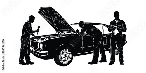 Dedicated team of auto mechanics performing comprehensive car repair and maintenance on an open-hood vehicle, symbolizing expert automotive service and reliable mechanical assistance