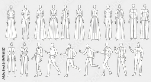 Fashion Figure Template Vector Female Male Body Pose Technical Croquis Illustration Set