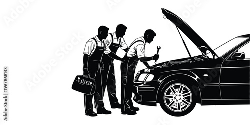 A team of professional auto mechanics diligently inspecting and repairing a vehicle's engine in a well-equipped workshop, providing comprehensive car service and maintenance