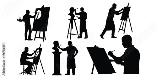 Creative artists at work, silhouetted against a white background, showcasing various artistic pursuits