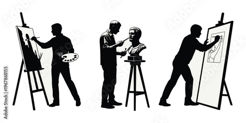 Silhouettes of artists painting and sculpting, showcasing creative expression and artistic talent in various forms of art creation