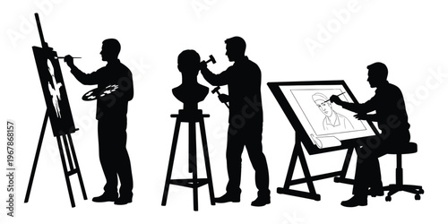 Silhouettes of artists engaged in diverse creative processes painting, sculpting, and digital design, representing artistic craftsmanship and visual expression