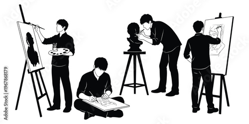 Artists creating various artworks including painting, sculpting, and drawing in a creative studio environment