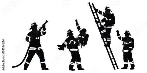 Silhouettes of firefighters in action, battling flames and rescuing individuals, showcasing bravery and teamwork