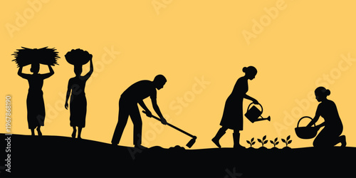 Silhouettes of people engaged in various agricultural activities on a plain background, depicting farming and harvesting