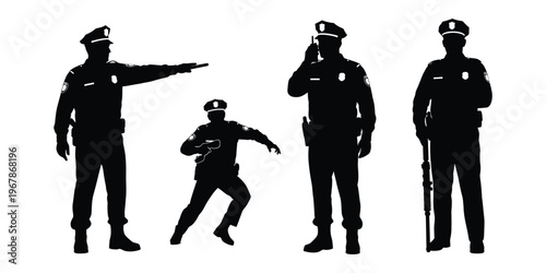 Dynamic conceptual illustrations of police officers in various active poses, representing law enforcement, public safety, and community security services