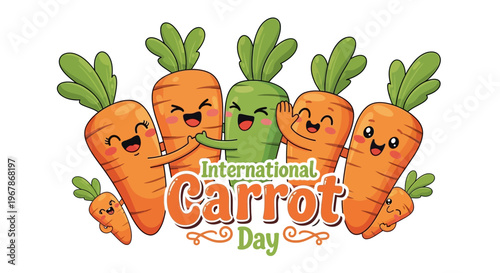 A colorful illustration of smiling and frowning cartoon carrots celebrating International Carrot Day with green leaves, against a clean white background with a playful and healthy mood.