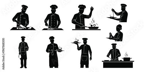 Set of chef silhouettes in various cooking poses, demonstrating culinary skills in the kitchen with professional tools and ingredients