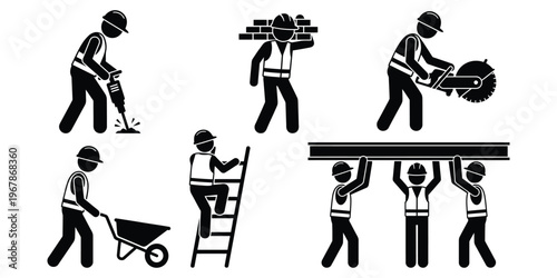 Construction workers performing various tasks with tools and equipment at a worksite