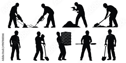 Dynamic Silhouettes of Dedicated Construction Workers Engaging in Diverse Manual Labor Tasks with Essential Tools and Equipment