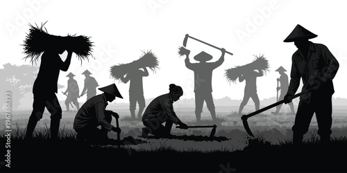Rural agricultural workers engaging in traditional farming activities at sunrise, depicting a harvest scene