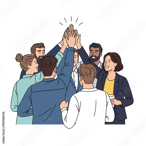 Clean-lined vector graphic showing a diverse team engaged in a triumphant high-five gesture.