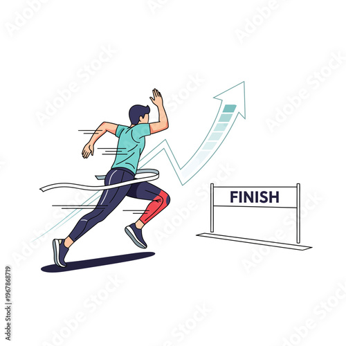 Vector illustration of a male runner crossing the finish line symbolizing progress